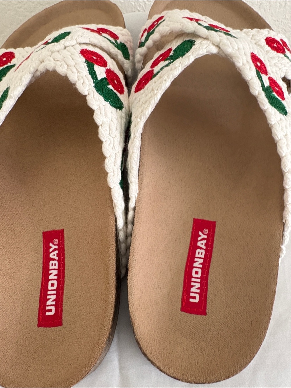 UNIONBAY Cream Woven Slide Sandals with Red Cherry Embroidery - Picture 3 of 4